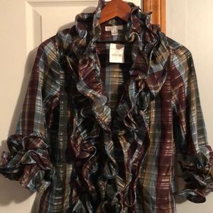 NWT Ruffle detail zip closure plaid blouse!